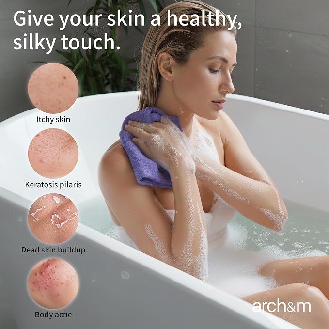 ARCH&M Exfoliating Towel 3-Pack, Nylon, Brown Purple Navy-Blue | Exfoliating Washcloth, 35-Inch, Japanese Washcloth, Deep Exfoliation, Daily Use, Glowing Silky-Smooth Skin