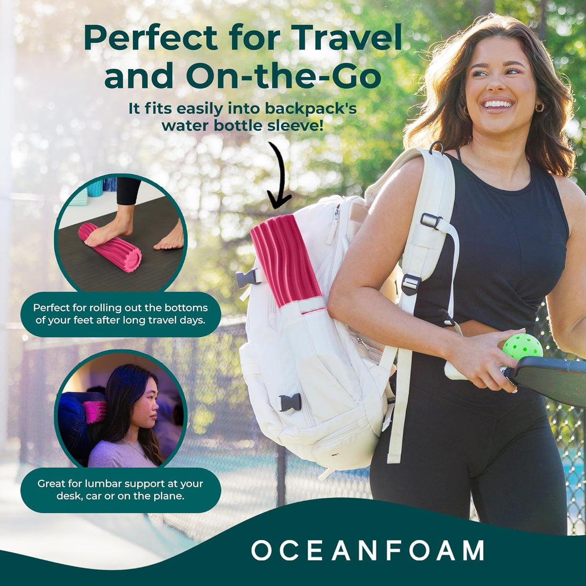 Oceanfoam Ripple Travel Foam Roller (11" x 3.35") Firm Mini Foam Roller for Physical Therapy, Deep Tissue Massage, Back Pain - High Density, Ergonomic Wave Textured, Yoga, Pilates, Exercise (Hot Pink)