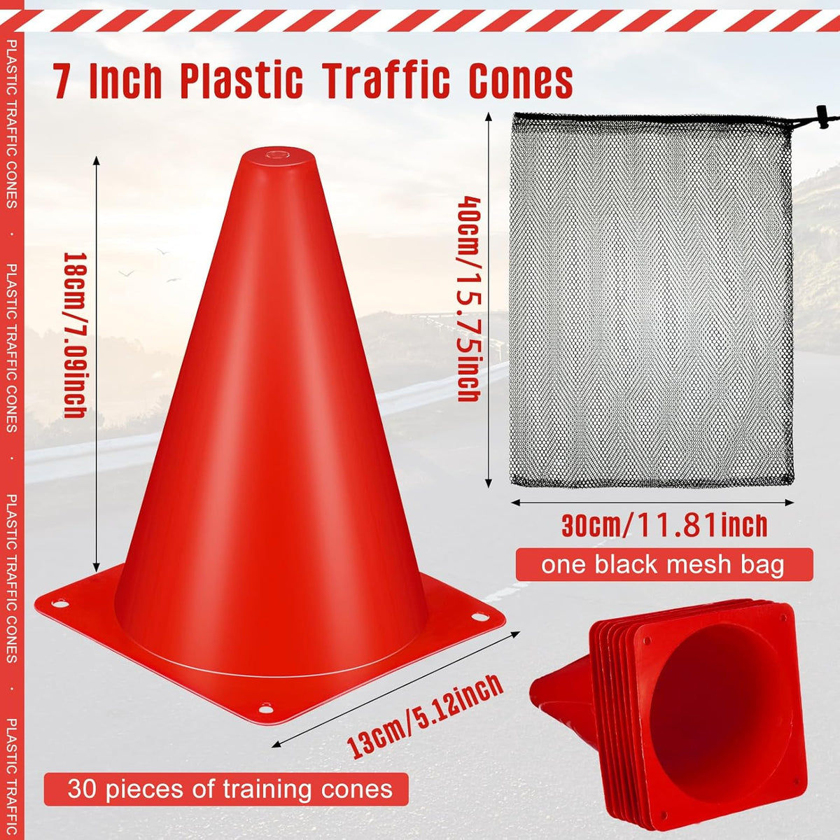 Syhood 30 Pack 7 Inch Plastic Traffic Cones Sports Training Agility Marker Mini Cones for Soccer, Skating, Football, Basketball, Indoor and Outdoor Games Sports Practice Equipment
