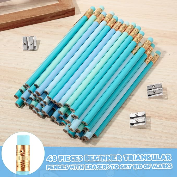 Fainne 48 Pcs Large Pencils 3 Sharpeners,Turquoise Blue Series,Triangle