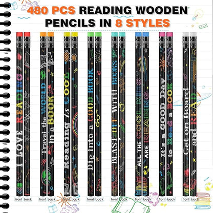 Pasimy 480 Pcs Reading Motivational Pencils Bulk Black Novelty Wooden Pencils with Eraser Classroom Inspirational Pen with Sayings for Kids Student Teacher School Reward Gifts Stationery Party