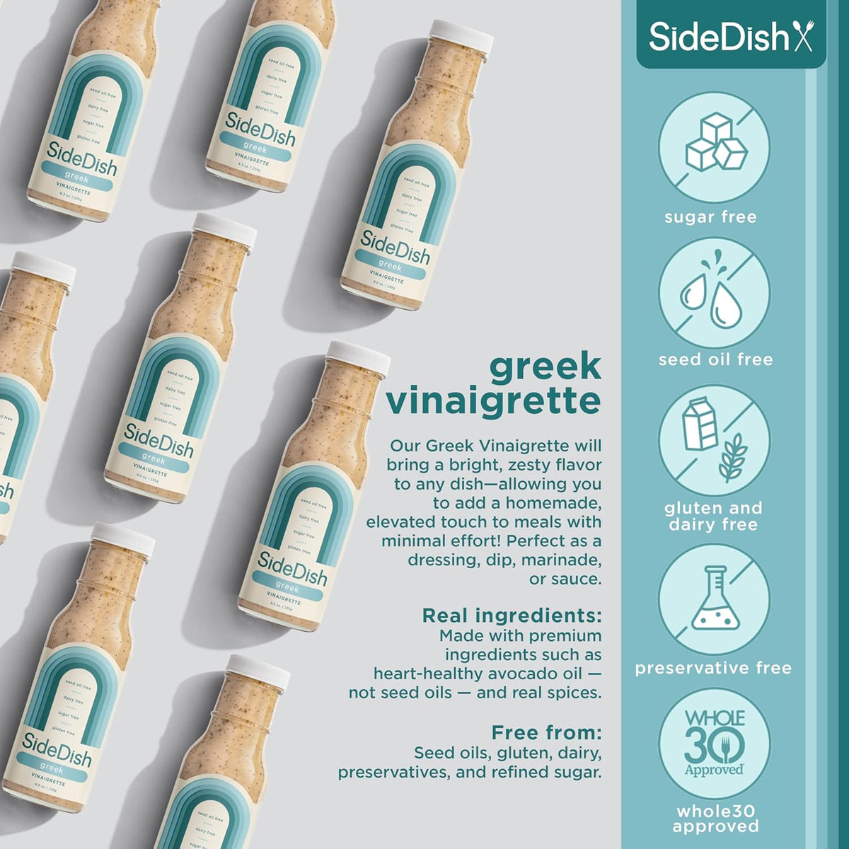 SideDish Zesty Greek Vinaigrette (Pack of 3) - Seed Oil, Dairy & Gluten Free Salad Dressing w/Avocado Oil - Refined Sugar Free, Healthy Greek Salad Dressing - Balsamic Paleo Marinade for Dips, Spread