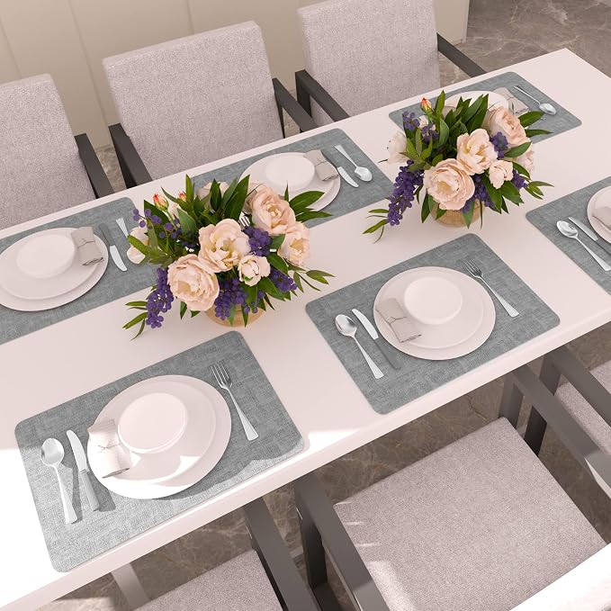 Maxpearl Faux Leather Placemats Set of 6 - Waterproof - Wipe Clean - Heat Resistant - Anti Slip Dining Table Place Mats, Suitable for Indoor & Outdoor Use, 17’’×12’’, Grey