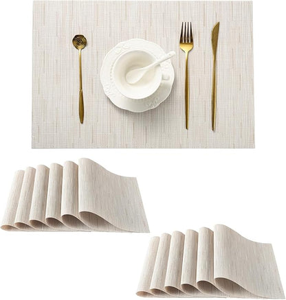 Leetaltree Pale Beige Placemats Set of 12 - Heat Resistant Non-Slip Place mats for Dining Table, Washable Durable PVC Vinyl Woven Table Mats（Pale Beige, 12）