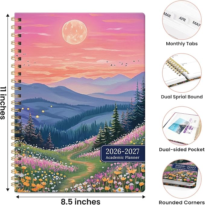 Planner 2026-2027, Academic Year Monthly & Weekly Planner Caledndar, July 2026 - June 2027, Hardcover Large Planning Agenda Book with Tabs for School Office Supplies, 8.5" x 11" - Dreamscape Hills