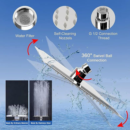 NearMoon Filtered Shower Head, High Pressure 8″Square, 5 settings Handheld Rain Shower Filter Combo with Self-adhesive Holder/1.5M Hose -1 Replaceable Filter Cartridge (Chrome Finish)