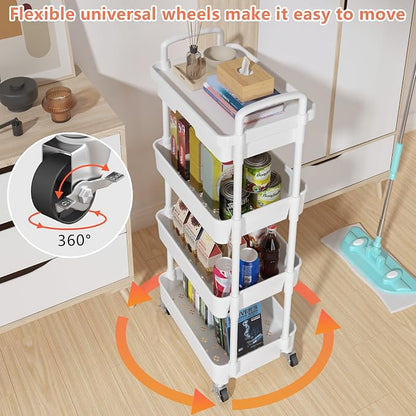 Calmootey 4-Tier Rolling Utility Cart with Drawer,Multifunctional Storage Organizer with Plastic Shelf & Metal Wheel,Storage Cart for Kitchen,Bathroom,Living Room,Office,White