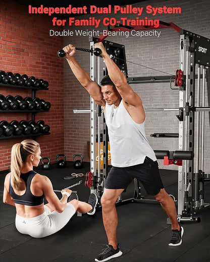 Garvee Smith Machine Home Gym, 2200LBS Power Cage Squat Rack with Smith Bar | With Cable Crossover, LAT Pull-Down & Leg Hold-Down - Multi-Functional Strength Training Equipment for Home, Red