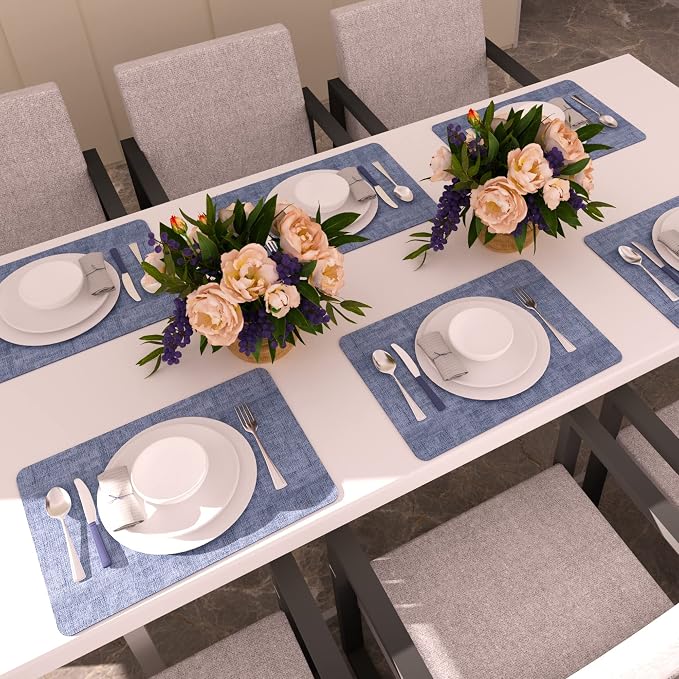 Maxpearl Set of 8 Faux Leather Table Placemats – Heat Resistant, Waterproof, Easy to Clean, Non-Slip Mats for Dining Table, Kitchen, Indoor & Outdoor, 17”x12”, Blue