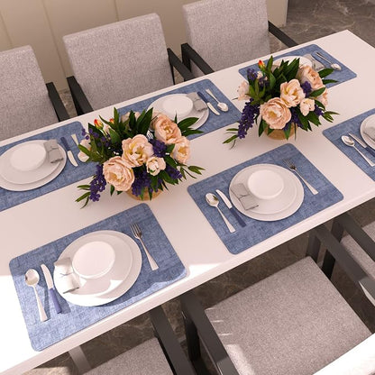 Maxpearl Set of 8 Faux Leather Table Placemats – Heat Resistant, Waterproof, Easy to Clean, Non-Slip Mats for Dining Table, Kitchen, Indoor & Outdoor, 17”x12”, Blue