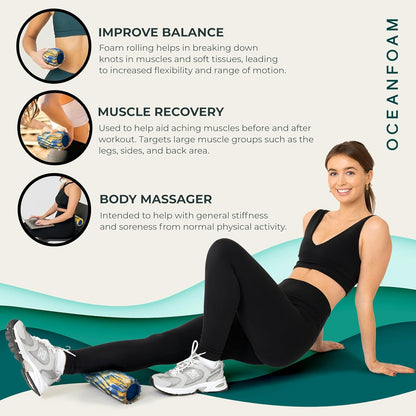 Oceanfoam Ripple Travel Foam Roller (11" x 3.35") Firm Mini Foam Roller for Physical Therapy, Deep Tissue Massage, Back Pain, High Density, Wave Textured, Yoga, Exercise (Royal Gold & Natural Marbled)