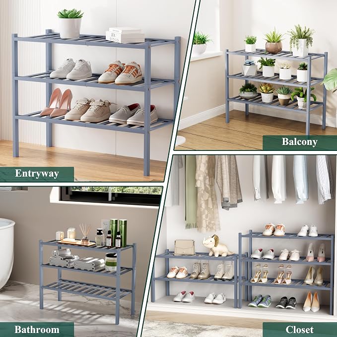 Smiry Long Bamboo Shoe Rack, 4 Tier Free Standing Wooden Shoe Organizer, Stackable Wood Shoe Storage Shelf for Closet, Entryway, 12 Vertical Slats, 2+2 Stack Standard Legs, 33.7"x11"x26", Grey
