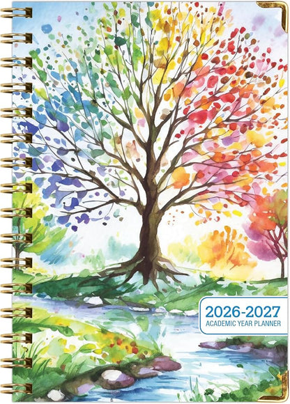 HARDCOVER Academic Year 2026-2027 Planner: 14 Months (May 2026 Through June 2027) 5.5"x 8" Daily Weekly Monthly Planner Yearly Agenda. Bookmark, Pocket Folder and Sticky Note Set (Tree Seasons)