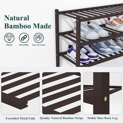 Smiry Bamboo Shoe Rack, 3 Tier Free Standing Wooden Shoe Organizer, Stackable Wood Shoe Storage Shelf for Closet, Entryway, 14 Vertical Slats, 2+1 Stack Heavy-Duty Legs, 26.8"x11"x19.5", Brown