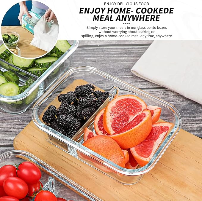 KOMUEE 10 Packs 30oz Glass Meal Prep Containers 2 Compartments,Glass Food Storage Containers with Lids,Airtight Glass Lunch Bento Boxes,Oven,Freezer and Dishwasher Safe, Green