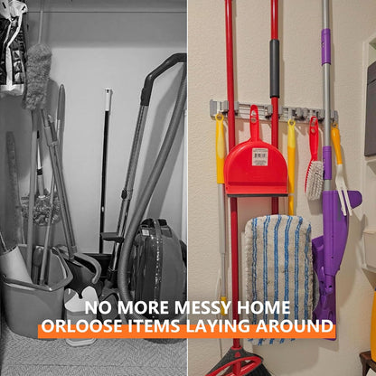 Broom Holder Wall Mount Mop and Broom Hanger Wall Mounted Garage Storage Rack Kitchen Garden Tool Organizer (4 Racks with 5 Hooks, Silver)