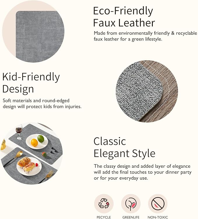 Maxpearl Faux Leather Placemats Set of 6 - Waterproof - Wipe Clean - Heat Resistant - Anti Slip Dining Table Place Mats, Suitable for Indoor & Outdoor Use, 17’’×12’’, Grey