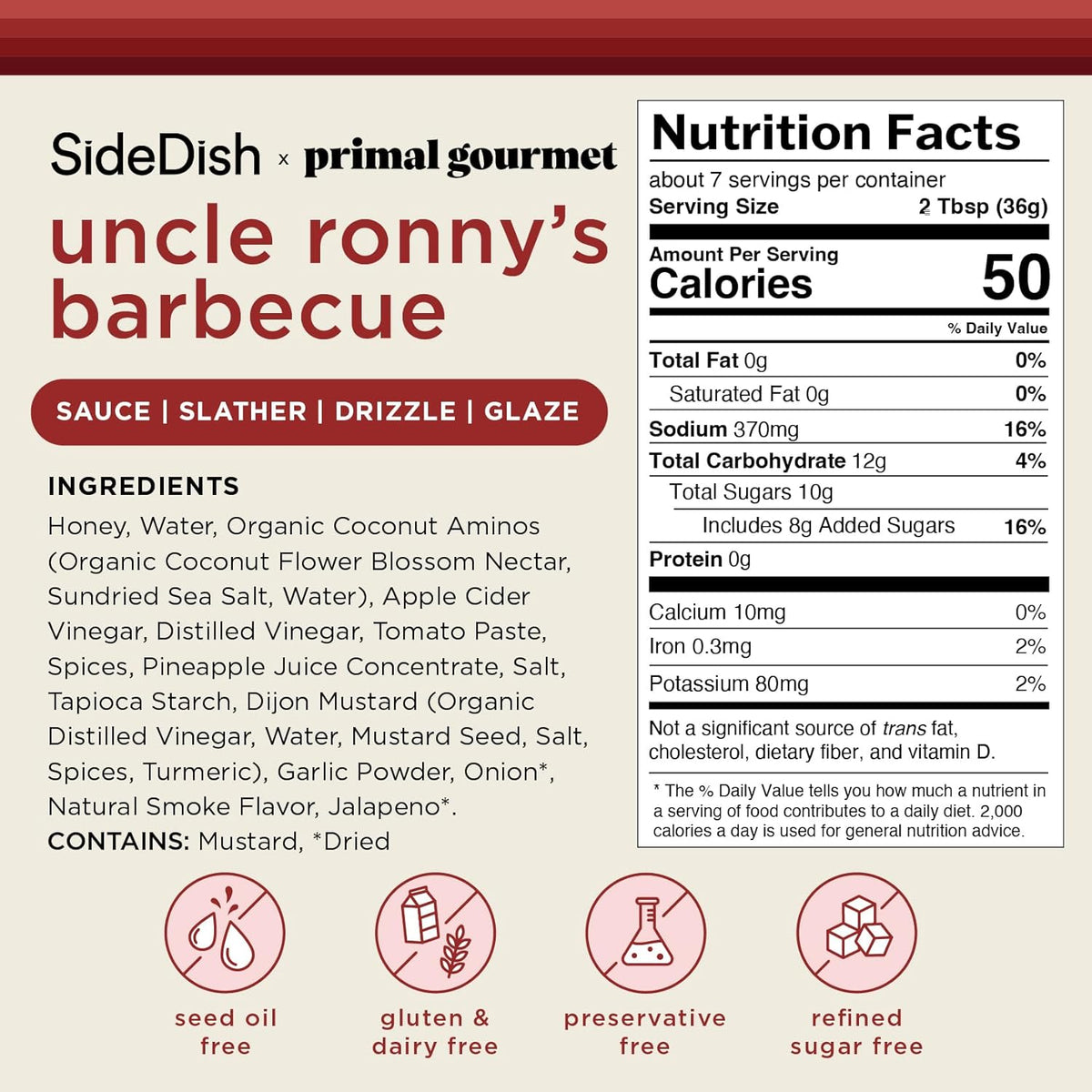 SideDish & Primal Gourmet Uncle Ronny's BBQ Sauce - Pack of 3 – Refined Sugar Free, Seed Oil Free BBQ Sauce with All-Natural Ingredients – Gluten & Dairy Free Paleo-Friendly Barbecue Condiment