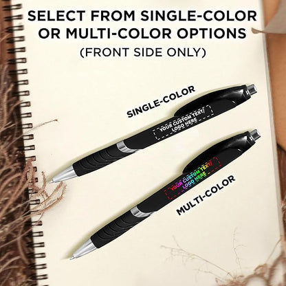 DISCOUNT PROMOS Ballpoint Pens With Rubber Grip - 10 pack - Customizable Text, Logo - Black Ink Ball Point Pen with Soft Touch Plastic - Black