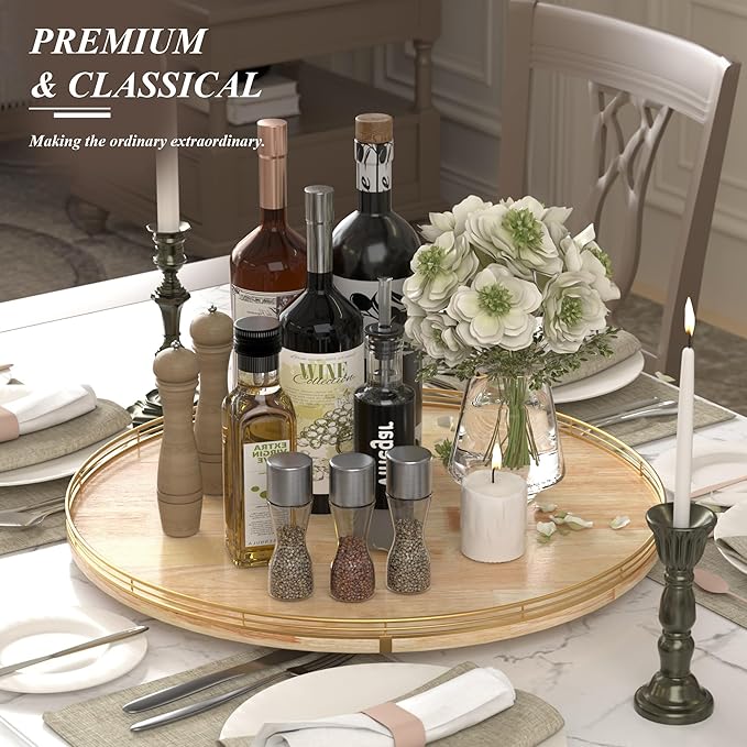 24 Inch Extra Large Lazy Susan Turntable - Premium Solid Oak Wood & Iron | Rustic Farmhouse Rotating Tray for Dining Table, Kitchen Countertop, Centerpiece Decor | Smooth 360° Spin | Durable & Stylish