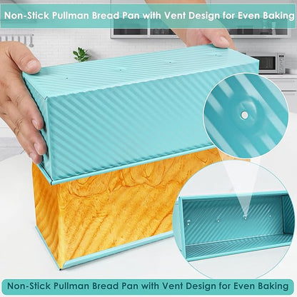 Blue Pullman Loaf Pan with Lid, 2.2LB Bread Loaf Pan, PFTE &PFOA Free Non-Stick Surface Ensure Safe and Healthy Baking, Unique and Reliable Bread Pan Add A Touch of Elegance to Your Kitchen