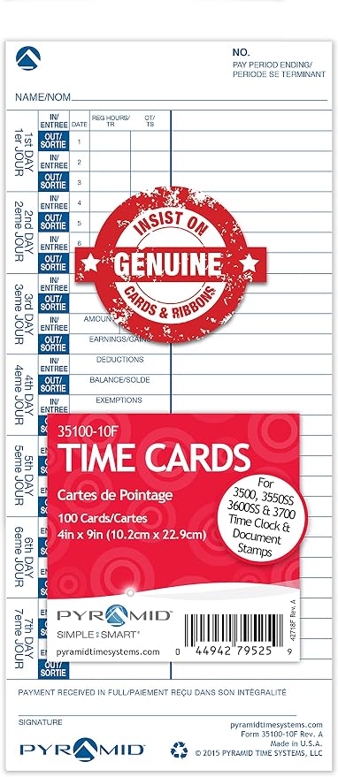 Pyramid Time Systems - English & French Time Cards (35100-10F) - 100 Cards