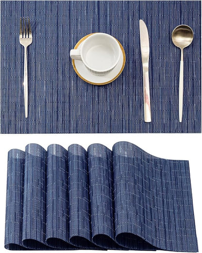 Leetaltree Blue Placemats Set of 6 - Heat Resistant Non-Slip Place mats for Dining Table, Washable Durable PVC Vinyl Woven Table Mats（Blue, 6）