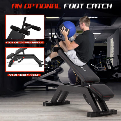 Adjustable Incline Decline Weight Bench for Home Gym, 1000LBS FID Ab Workout Bench with Leg Roller Attachment and Handle for Reverse Crunch, Bench Press, Sit Up and Abs Curl