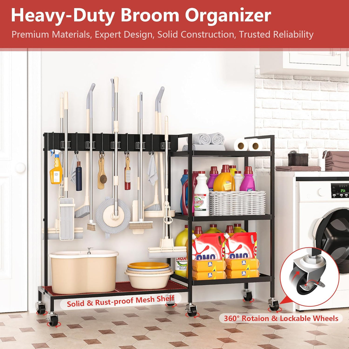 GIOTORENT Heavy Duty Metal Cleaning Cart with Wheels - 300lb Capacity Rolling Broom Holder & Supplies Organizer, 10 Adjustable Clips, 5 Double-Hooks, 3-Tier Shelves, Brakes for Home, Commercial, Black