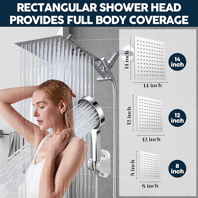 Shower Head,10”Rain Shower Head with Handheld Spray Combo and Adjustable Extension Arm/3-Way Flow Regulator/Shower System,High Pressure Rain Fall Hose,Chrome