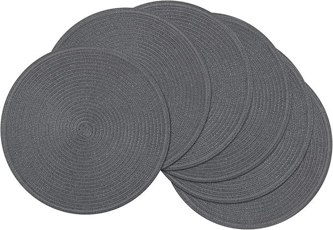 SHACOS Round Placemats Set of 6 Washable 15 inch Round Table Mats Cotton Polyester Woven Braided Place Mats for Dining Table (Charcoal Gray, 6)