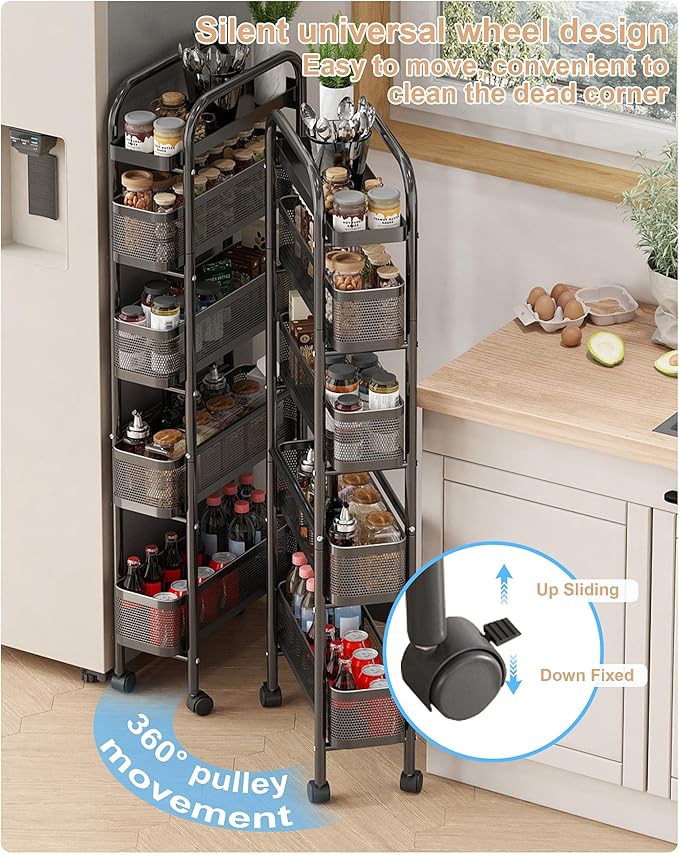 UMDONX Slim Storage Cart 5 Tier with Pull Out Basket Bathroom Organizer Rolling cart, Rolling Utility Cart Slide Out Organizer for Kitchen, Bathroom, Laundry Black