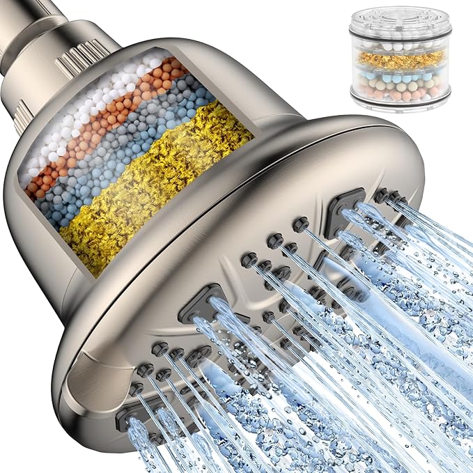 MakeFit Filtered Shower Head Brushed Nickel - High Pressure Shower Head with Filter for Hard Water Softener - 7 Settings Bathroom Rain Showerhead to Remove Chlorine and Heavy Metals