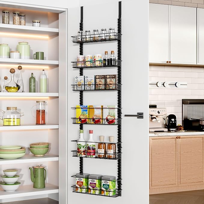 Churboro Over the Door Pantry Organizer Rack with 6 Adjustable Baskets, 6 Tiers Dual-use Spice Rack- Hanging or Wall Mount Spice Rack, Pantry Door Organizer, Black
