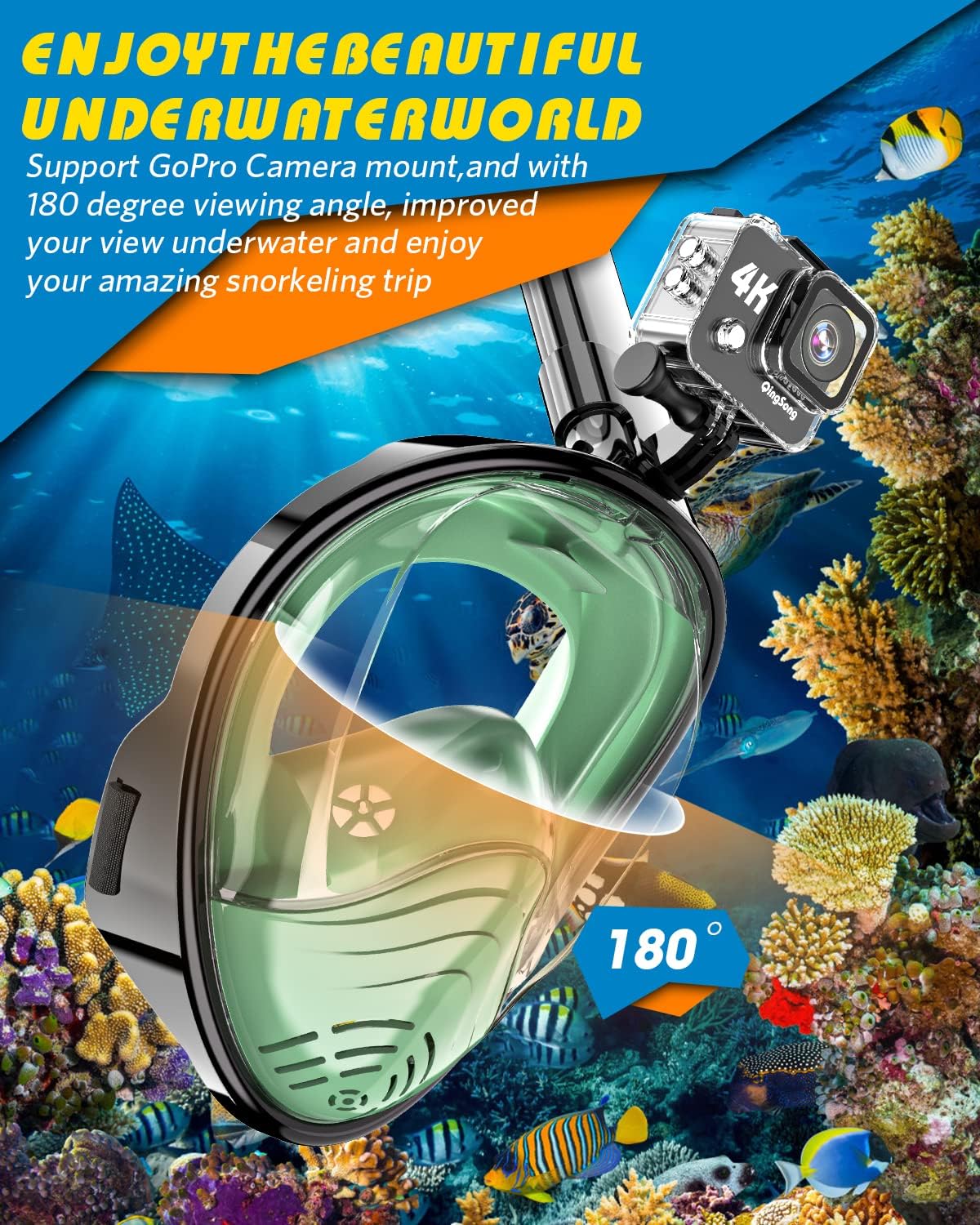 QingSong Full Face Snorkel Mask for Adults, Snorkeling Gear with Camera Mount, 180 Degree Panoramic View Snorkel Set Anti-Fog Anti-Leak