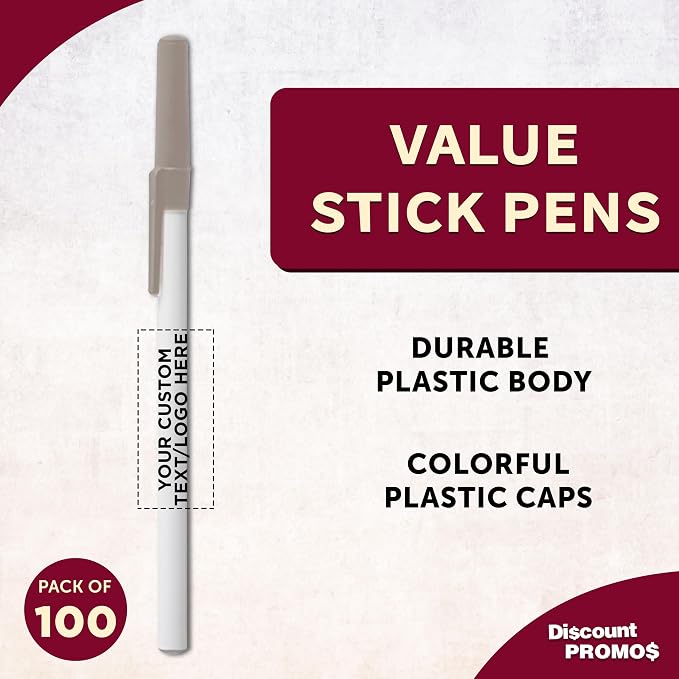 DISCOUNT PROMOS Custom Value Stick Pens Set of 10, Personalized Bulk Pack - Black Ink, Great for Office, School, Business, Tradeshows, Events - Grey