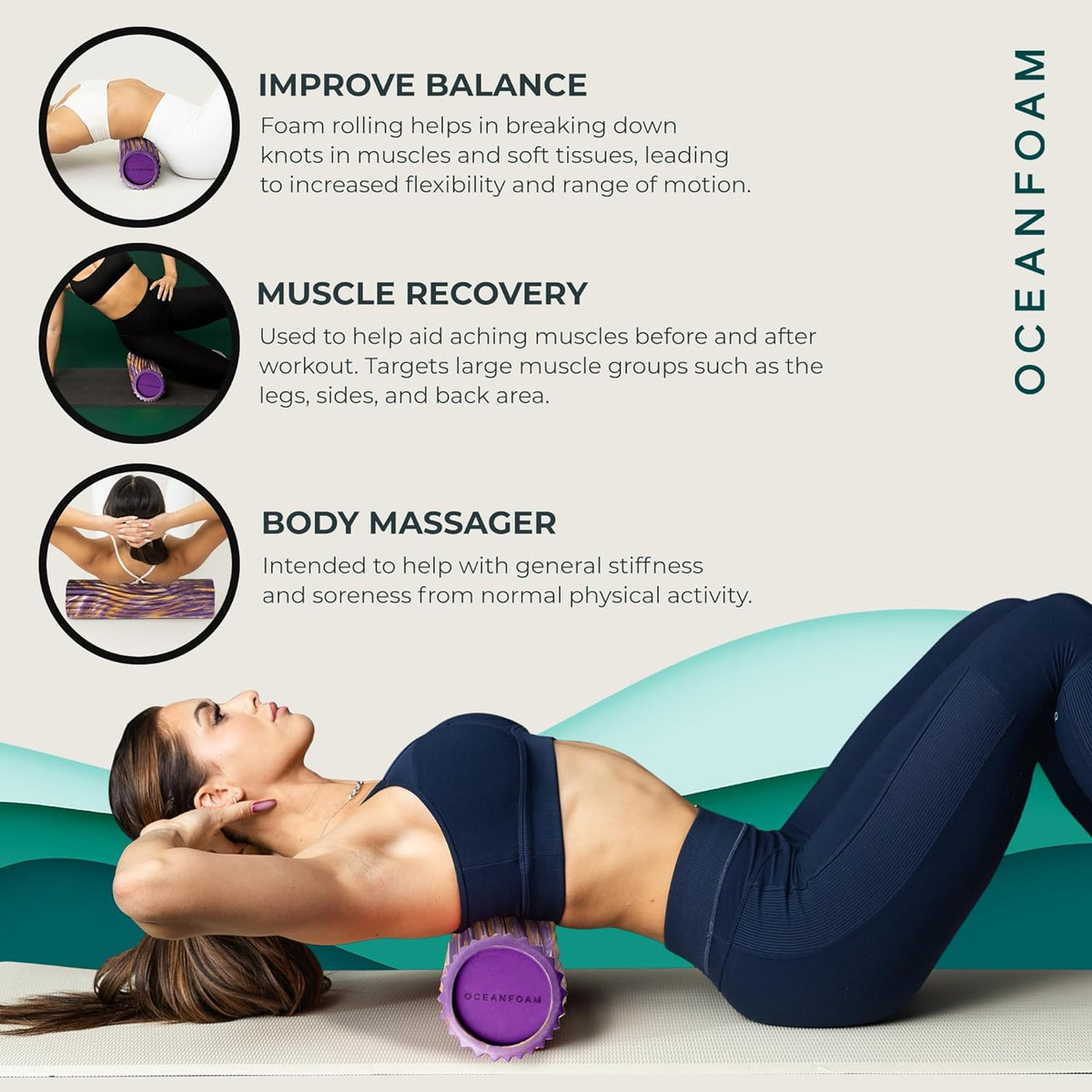 Oceanfoam Tidal Roller - Purple, Gold & Natural Marbled - Muscle Massage Foam Roller for Back Pain & Stretching - Firm & Ergonomic Wide Wave Textured - Yoga, Athletics, Wellness - Full Size, 20" x 5"