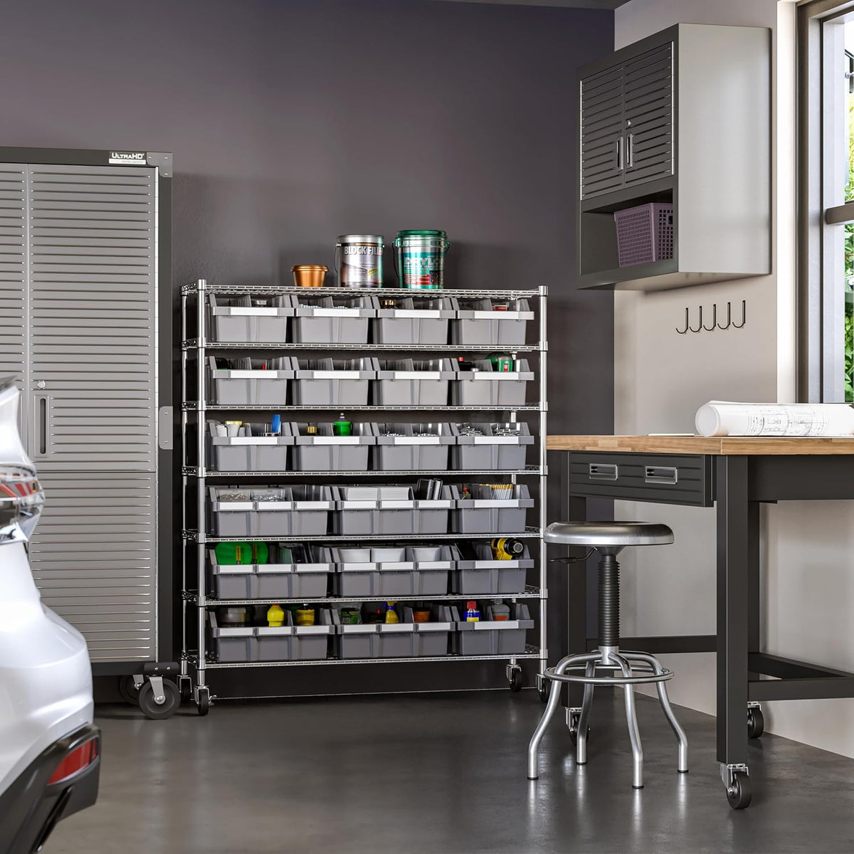 Seville Classics Heavy Duty NSF Bin Rack Solid Steel Wire Shelving Storage Unit, Patented Organizer for Garage, Warehouse, Office, Restaurant, Classroom, Kitchen, Gray, Includes 21 Bins