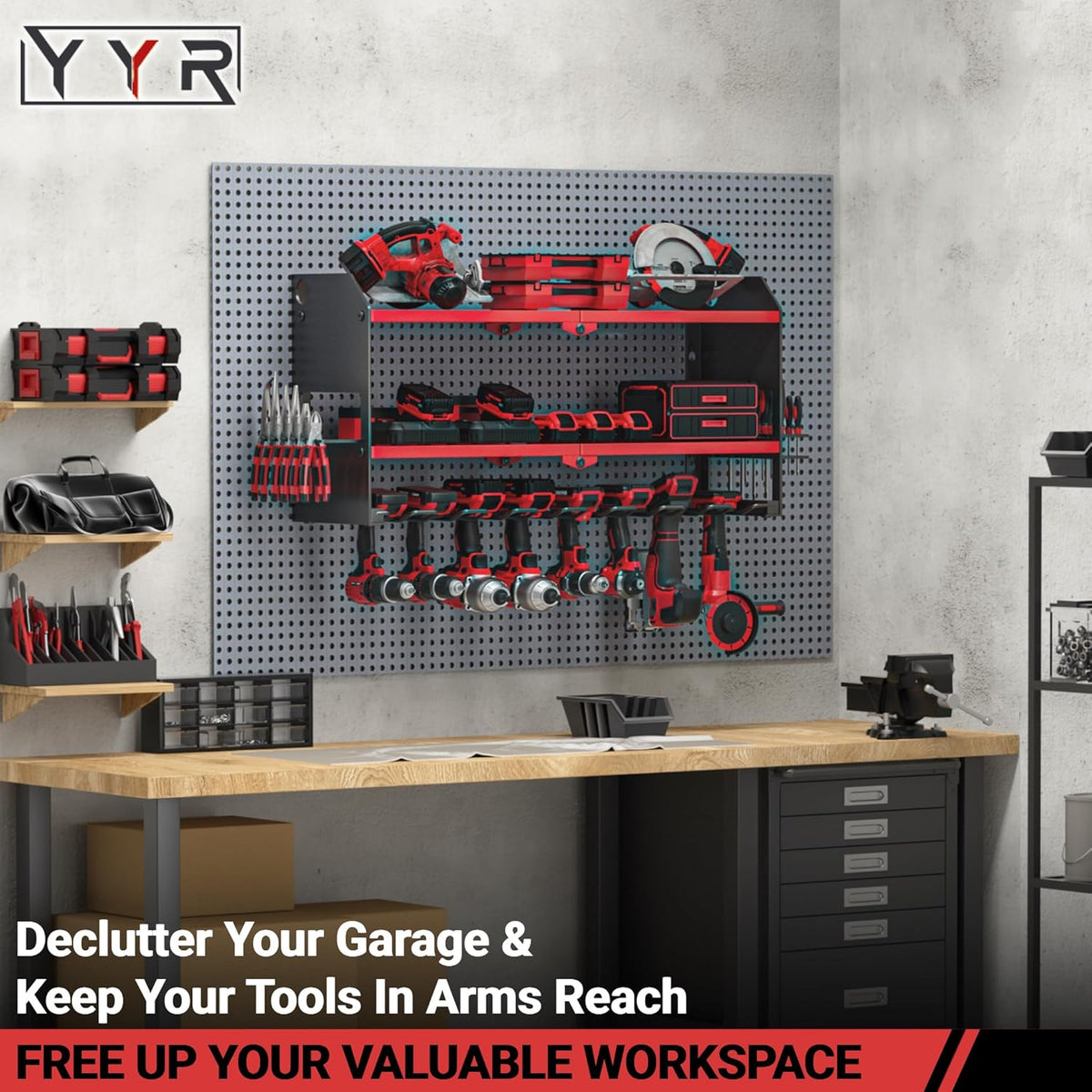 YYR Power Tool Organizer Wall Mount, Cordless Drill and Battery Holder, Electric Tools Hanger Storage Rack with Charging Station, Garage Organization Floating Shelf - Made of Heavy Duty Metal, Red
