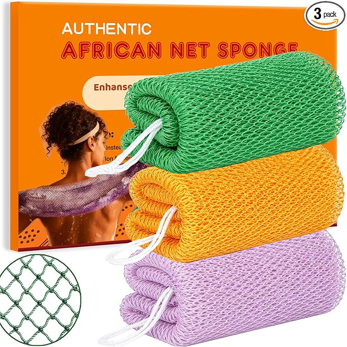 African Net Sponge Authentic, 3 Pieces African Exfoliating Net Sponge Body Back Scrubber Exfoliating Washcloth for Shower Bath for All Types Skin (Green+Gold+Light Purple, 3 Pcs)
