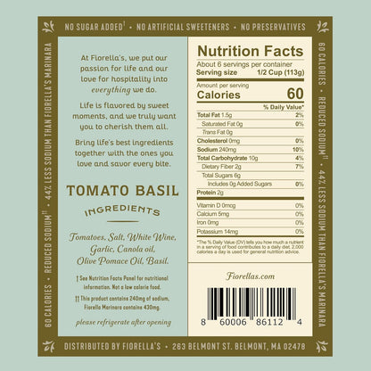 Fiorella's Tomato Basil Pasta Sauce - Tomato Sauce Made with Fresh Ingredients - No Sugar Added, Vegan, Gluten Free, No Preservatives Added, Reduced Sodium, Pasta Sauce, 25 Oz (Pack of 2)