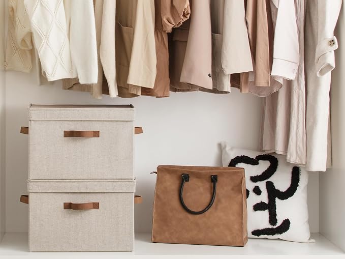 StorageWorks Fabric Storage Bins with Lid, Decorative Storage Boxes for Shelves, Stackable Closet Organizer Basket with Handles, Large, Brown and Beige, 2-Pack