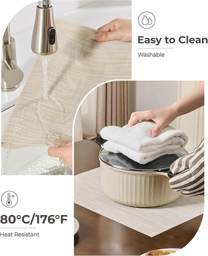 Leetaltree Beige White Placemats Set of 6 - Heat Resistant Non-Slip Place mats for Dining Table, Washable Durable PVC Vinyl Woven Table Mats(Beige White, 6)
