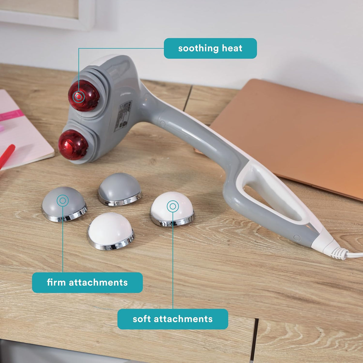Homedics Back Massager - Heated Automatic Percussion Back, Body and Neck Massager with Dual Pivoting Heads, Interchangeable Nodes, for Shoulders, Legs and Feet, White