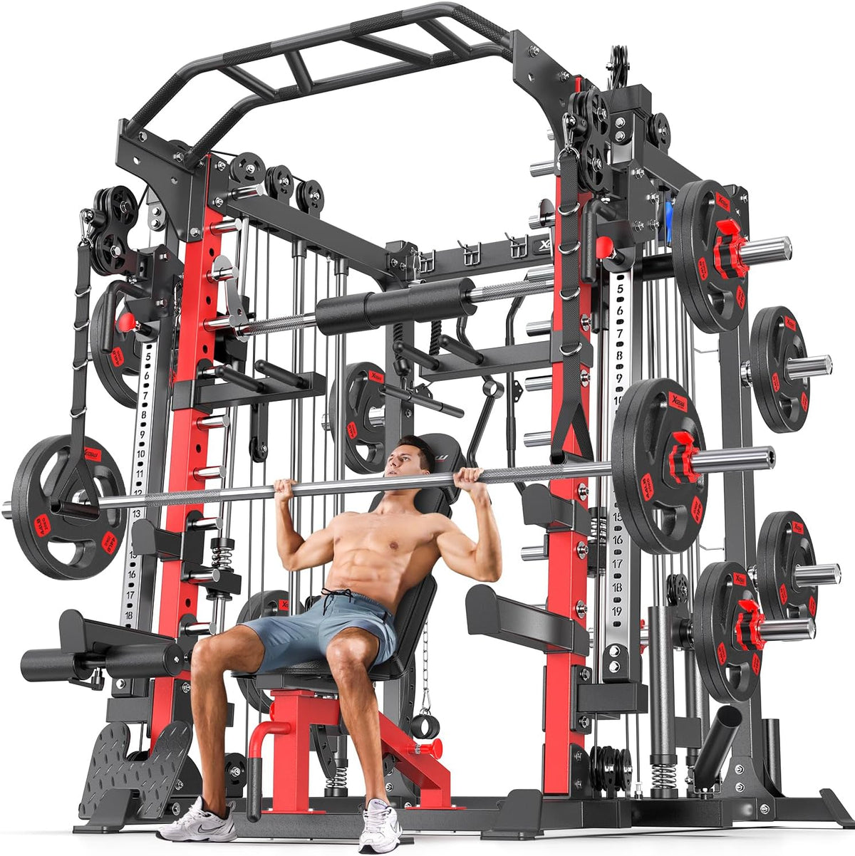 Smith Machine Power Rack Multifunctional Power Cage Deep Squat Rack Cable Crossover System Selectable More Training Attachment for Garage & Home Gym