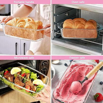 4 Piece Glass Loaf Pan Set with Lids - Stackable 1.9 QT/62oz/1800ML Glass Bread Baking Dish Microwave and Oven Safe - Loaf Pans For Baking Bread, Cakes