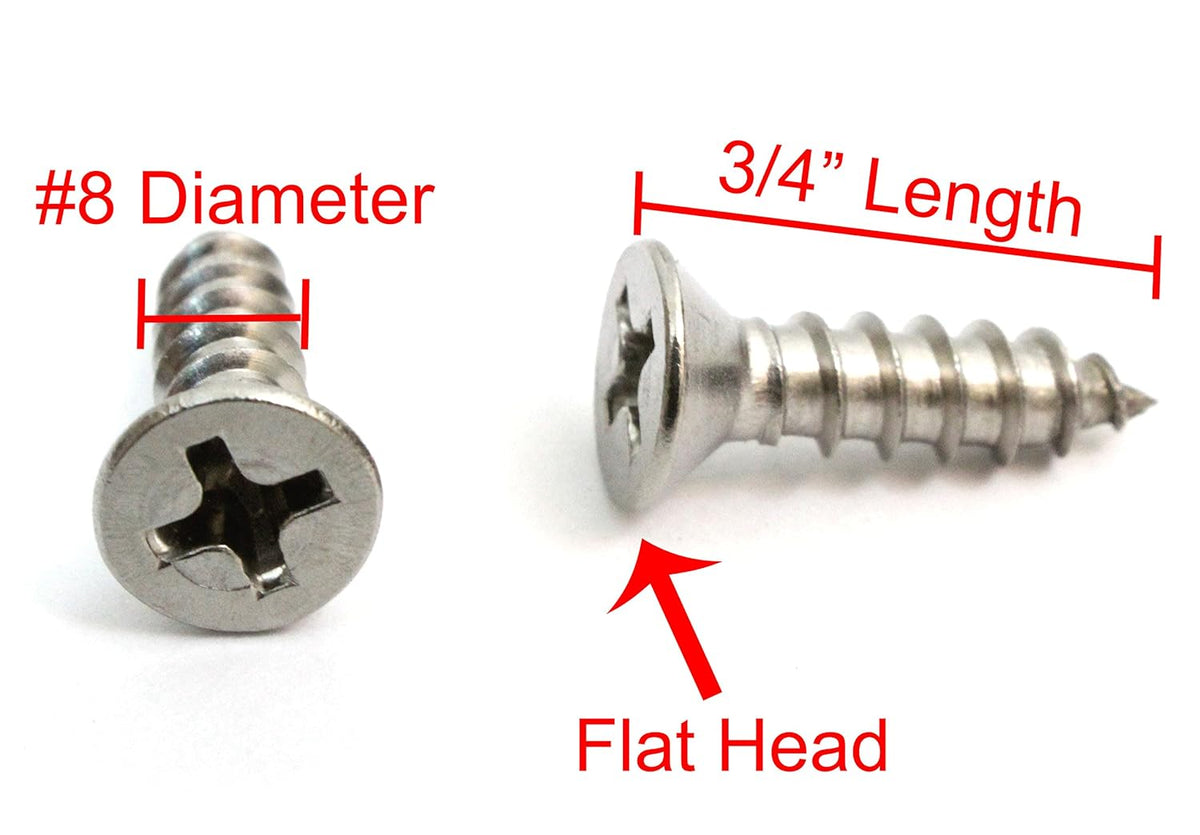 Bolt Dropper No. 8 x 3/4" Stainless Steel Flat Head Phillips Wood Screw, (100 pc), 18-8 (304) Stainless Steel Sheet Metal Screws- Type A Point, Plain Finish
