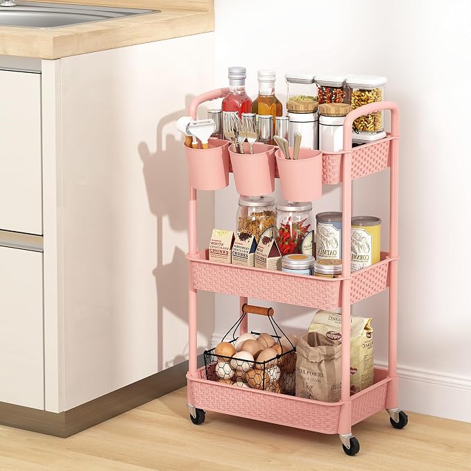 MOYIPIN 3-Tier Plastic Rolling Utility Cart with Handle,Utility Storage Cart for Office, Living Room, Kitchen,Movable Storage Organizer Shelves,Pink with 5 Hanging Cups