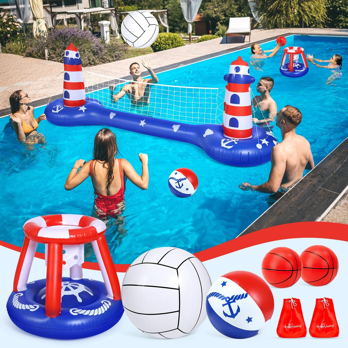 EagleStone Pool Volleyball Net &Basketball Hoop Inflatable Pool Floats Toys Swimming Water Games for Adults and Kids 8-12 Teens Volleyball Court Poolside Floaties