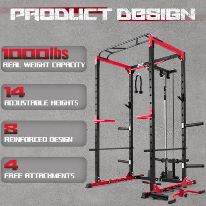 RitFit All-in-One Squat Rack for Home Gym, PPC02C Multi-Function 1000 LBS Capacity Power Cage with LAT Pulldown, Pulley System, Dip Bar, Landmine & More Power Rack Attachments, Package